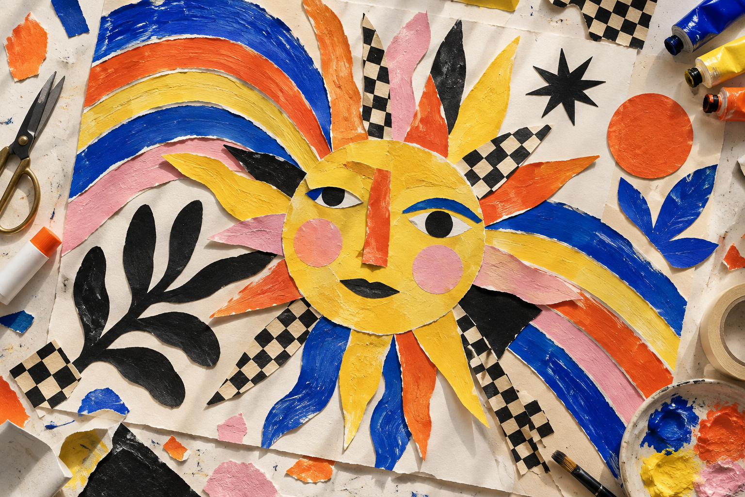 A joyful handmade collage of a sun, rainbow arcs, torn paper, and art materials